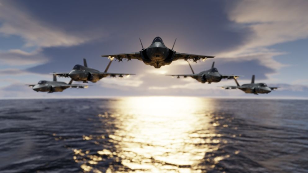 Group of F-35 jet fighters low flying over sea with flypast formatin 3d rendering